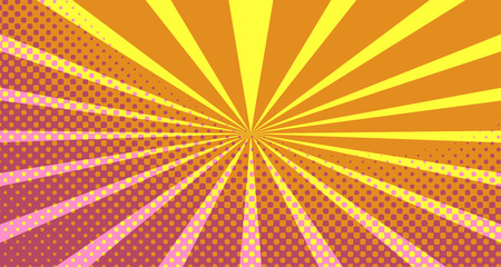 Obraz premium Vintage colorful comic book background. Pink Orange blank bubbles of different shapes. Rays, radial, halftone, dotted effects. For sale banner empty Place for text 1960s. Copy space vector eps10.