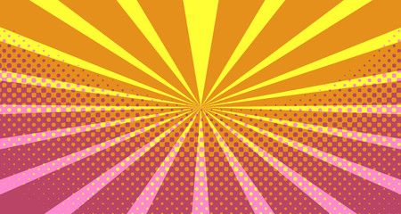 Vintage colorful comic book background. Pink Orange blank bubbles of different shapes. Rays, radial, halftone, dotted effects. For sale banner empty Place for text 1960s. Copy space vector eps10.