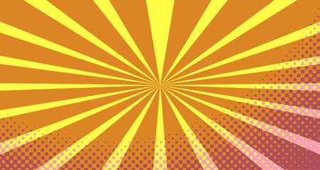 Vintage colorful comic book background. Pink Orange blank bubbles of different shapes. Rays, radial, halftone, dotted effects. For sale banner empty Place for text 1960s. Copy space vector eps10.