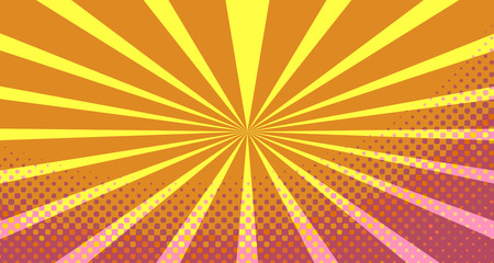 Fototapeta premium Vintage colorful comic book background. Pink Orange blank bubbles of different shapes. Rays, radial, halftone, dotted effects. For sale banner empty Place for text 1960s. Copy space vector eps10.