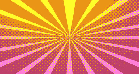 Obraz premium Vintage colorful comic book background. Pink Orange blank bubbles of different shapes. Rays, radial, halftone, dotted effects. For sale banner empty Place for text 1960s. Copy space vector eps10.