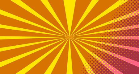 Fototapeta premium Vintage colorful comic book background. Pink Orange blank bubbles of different shapes. Rays, radial, halftone, dotted effects. For sale banner empty Place for text 1960s. Copy space vector eps10.