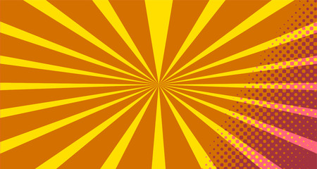 Fototapeta premium Vintage colorful comic book background. Pink Orange blank bubbles of different shapes. Rays, radial, halftone, dotted effects. For sale banner empty Place for text 1960s. Copy space vector eps10.