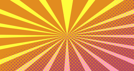 Vintage colorful comic book background. Pink Orange blank bubbles of different shapes. Rays, radial, halftone, dotted effects. For sale banner empty Place for text 1960s. Copy space vector eps10.