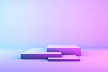 Stage for products in neon colors. Studio neon lights. Magenta and cyan. 3d render. Copy space