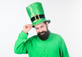 Man bearded hipster wear green clothing and hat patricks day. Saint patricks day holiday. Green...