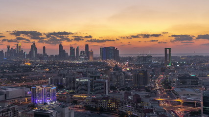 Aerial view luxury city at warm evening in luxury Dubai city, United Arab Emirates Timelapse