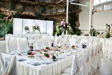 Beautiful wedding set decoration in the restaurant.