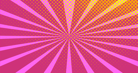 Vintage colorful comic book background. Pink Orange blank bubbles of different shapes. Rays, radial, halftone, dotted effects. For sale banner empty Place for text 1960s. Copy space vector eps10.