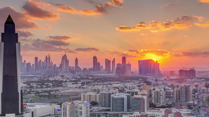 View of sunset in luxury Dubai city at sunset aerial timelapse