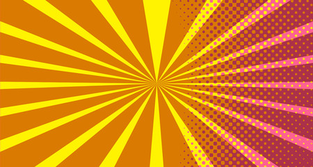 Vintage colorful comic book background. Pink Orange blank bubbles of different shapes. Rays, radial, halftone, dotted effects. For sale banner empty Place for text 1960s. Copy space vector eps10.