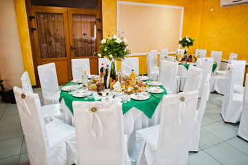 Beautiful wedding set decoration in the restaurant.