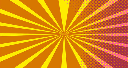 Vintage colorful comic book background. Pink Orange blank bubbles of different shapes. Rays, radial, halftone, dotted effects. For sale banner empty Place for text 1960s. Copy space vector eps10.