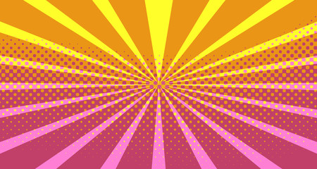 Vintage colorful comic book background. Pink Orange blank bubbles of different shapes. Rays, radial, halftone, dotted effects. For sale banner empty Place for text 1960s. Copy space vector eps10.