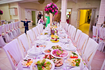 Beautiful wedding set decoration in the restaurant.