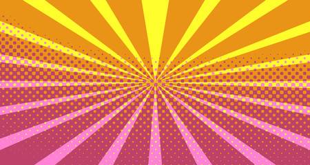 Vintage colorful comic book background. Pink Orange blank bubbles of different shapes. Rays, radial, halftone, dotted effects. For sale banner empty Place for text 1960s. Copy space vector eps10.