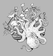 Giant octopus attacks ship. Gigantic mollusk against pirates. Fantasy drawing. © Lunstream