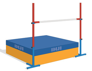 high jump bar on standards and crash mat isolated on a white background