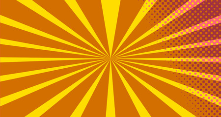 Fototapeta premium Vintage colorful comic book background. Pink Orange blank bubbles of different shapes. Rays, radial, halftone, dotted effects. For sale banner empty Place for text 1960s. Copy space vector eps10.