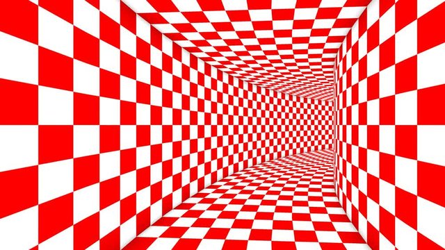An impressive 3d rendering of a symmetrical illusion formed by red and white squares turning in opposite way making a huge tunnel from chessboards creating the magic spirit.