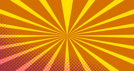 Fototapeta premium Vintage colorful comic book background. Pink Orange blank bubbles of different shapes. Rays, radial, halftone, dotted effects. For sale banner empty Place for text 1960s. Copy space vector eps10.