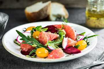 Pomelo with Beetroot, Cherry Tomato and Rocket Salad
