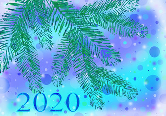 Fototapeta na wymiar Background blue purple with colored abstract circles, green branch fir tree, pine,2020, for frame, postcard congratulations, new Year, Christmas, holiday, greeting card, invitation, celebration,party