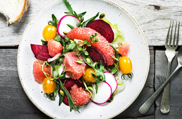 Pomelo with Beetroot, Cherry Tomato and Rocket Salad