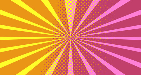 Vintage colorful comic book background. Pink Orange blank bubbles of different shapes. Rays, radial, halftone, dotted effects. For sale banner empty Place for text 1960s. Copy space vector eps10.