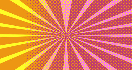 Vintage colorful comic book background. Pink Orange blank bubbles of different shapes. Rays, radial, halftone, dotted effects. For sale banner empty Place for text 1960s. Copy space vector eps10.