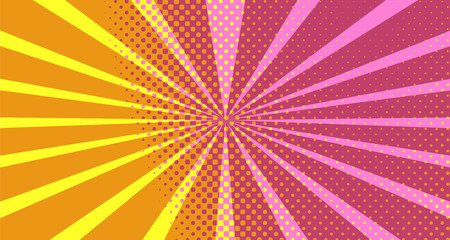 Fototapeta premium Vintage colorful comic book background. Pink Orange blank bubbles of different shapes. Rays, radial, halftone, dotted effects. For sale banner empty Place for text 1960s. Copy space vector eps10.