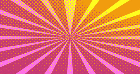 Vintage colorful comic book background. Pink Orange blank bubbles of different shapes. Rays, radial, halftone, dotted effects. For sale banner empty Place for text 1960s. Copy space vector eps10.