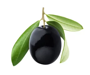Foto auf Glas One black olive with leaves isolated on white background © xamtiw