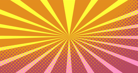 Obraz premium Vintage colorful comic book background. Pink Orange blank bubbles of different shapes. Rays, radial, halftone, dotted effects. For sale banner empty Place for text 1960s. Copy space vector eps10.
