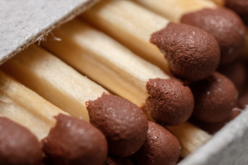 Close-up of matches that lie in a matchbox.