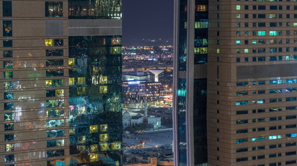 Obraz premium Amazing aerial view of Dubai downtown skyscrapers night timelapse, Dubai, United Arab Emirates