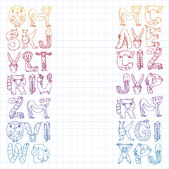 Animal alphabet. Zoo alphabet. Letters from A to Z. Cartoon cute animals. Elephant, dog, flamingo, giraffe, horse, alligator, bear, cat.