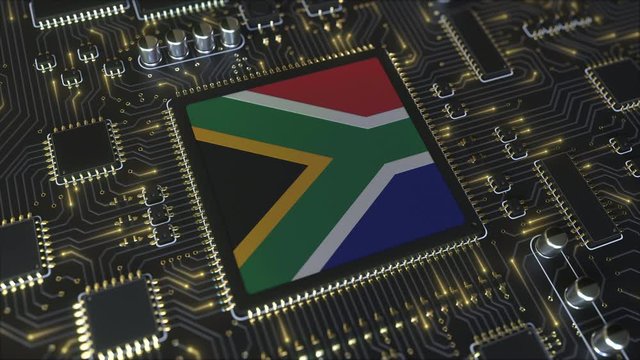 National flag of South Africa on the operating chipset. RSA information technology or hardware development related conceptual 3D animation