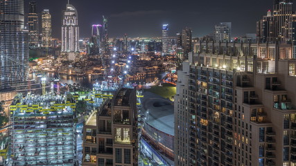 Amazing aerial view of Dubai downtown skyscrapers night timelapse, Dubai, United Arab Emirates