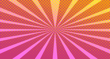 Vintage colorful comic book background. Pink Orange blank bubbles of different shapes. Rays, radial, halftone, dotted effects. For sale banner empty Place for text 1960s. Copy space vector eps10.