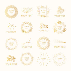 Collection of hand drawn golden floral pine and fir branches, constellations and stars in branding badges for winter invitations. Gold wreaths, frames and borders for feminine design. Vector isolated.