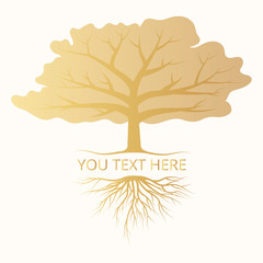 Golden silhouette of an oak tree with roots. Vector isolated Illustration of a gold forest icon.