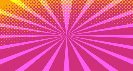 Vintage colorful comic book background. Pink Orange blank bubbles of different shapes. Rays, radial, halftone, dotted effects. For sale banner empty Place for text 1960s. Copy space vector eps10.