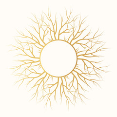 Golden vector isolated timber background. Tree root gold natural frame. 