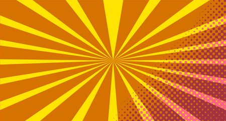 Fototapeta premium Vintage colorful comic book background. Pink Orange blank bubbles of different shapes. Rays, radial, halftone, dotted effects. For sale banner empty Place for text 1960s. Copy space vector eps10.