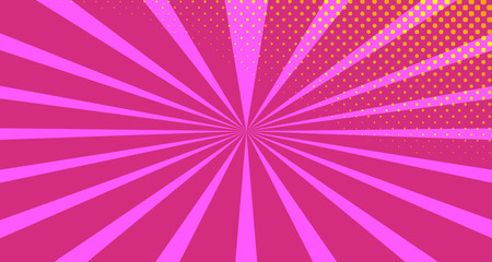 Vintage colorful comic book background. Pink Orange blank bubbles of different shapes. Rays, radial, halftone, dotted effects. For sale banner empty Place for text 1960s. Copy space vector eps10.