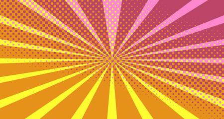 Fototapeta premium Vintage colorful comic book background. Pink Orange blank bubbles of different shapes. Rays, radial, halftone, dotted effects. For sale banner empty Place for text 1960s. Copy space vector eps10.