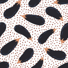 Creative hand drawn eggplants seamless pattern background.
