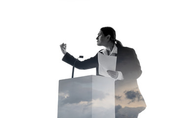 Threats. Speaker, coach or chairwoman during politician speech isolated on white background. Double exposure - truth and lies. Business training, speaking, promises, economical and financial relations