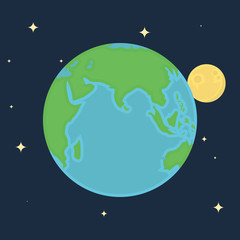 Earth and the Moon. Earth with the moon against the starry sky. Vector illustration.